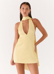 Alicia Satin Halter Mini Dress - Pastel Yellow