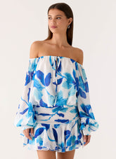 Eira Balloon Sleeve Mini Dress - Cerulean Bloom