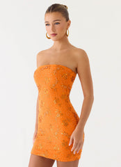 Push Back Beaded Sequin Mini Dress - Orange