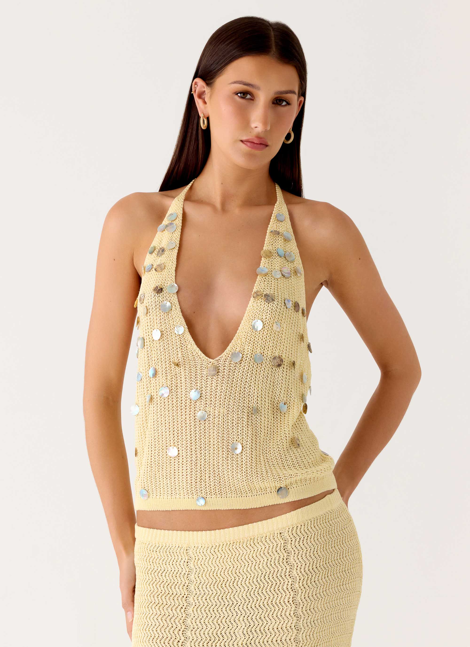 Adelaida Beaded Crochet Top - Yellow