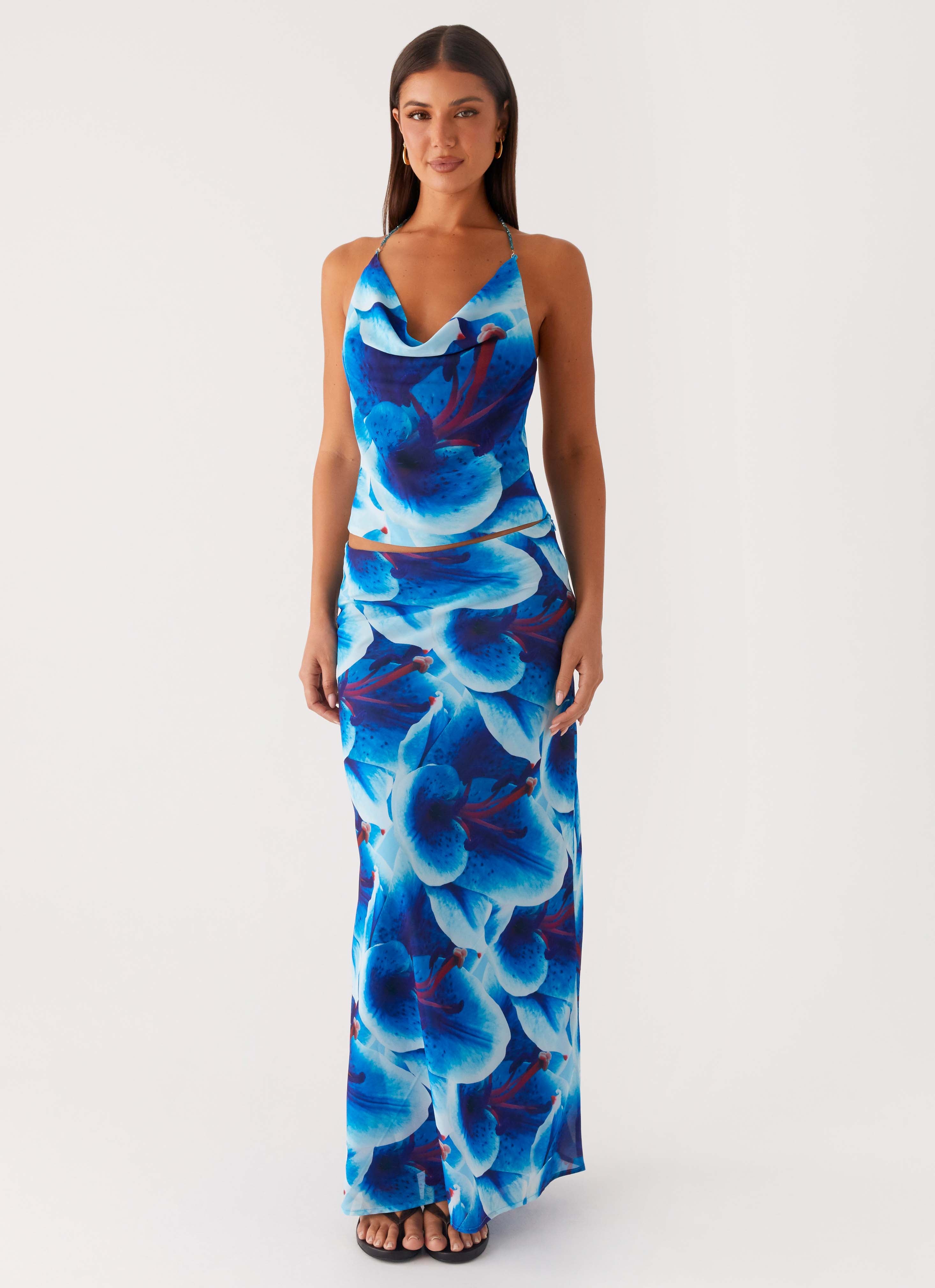 Another Life Chiffon Maxi Skirt - Turquoise Floral