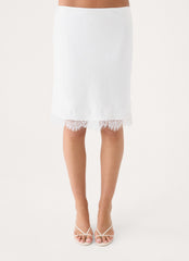 Argelia Lace Trim Satin Midi Skirt - White