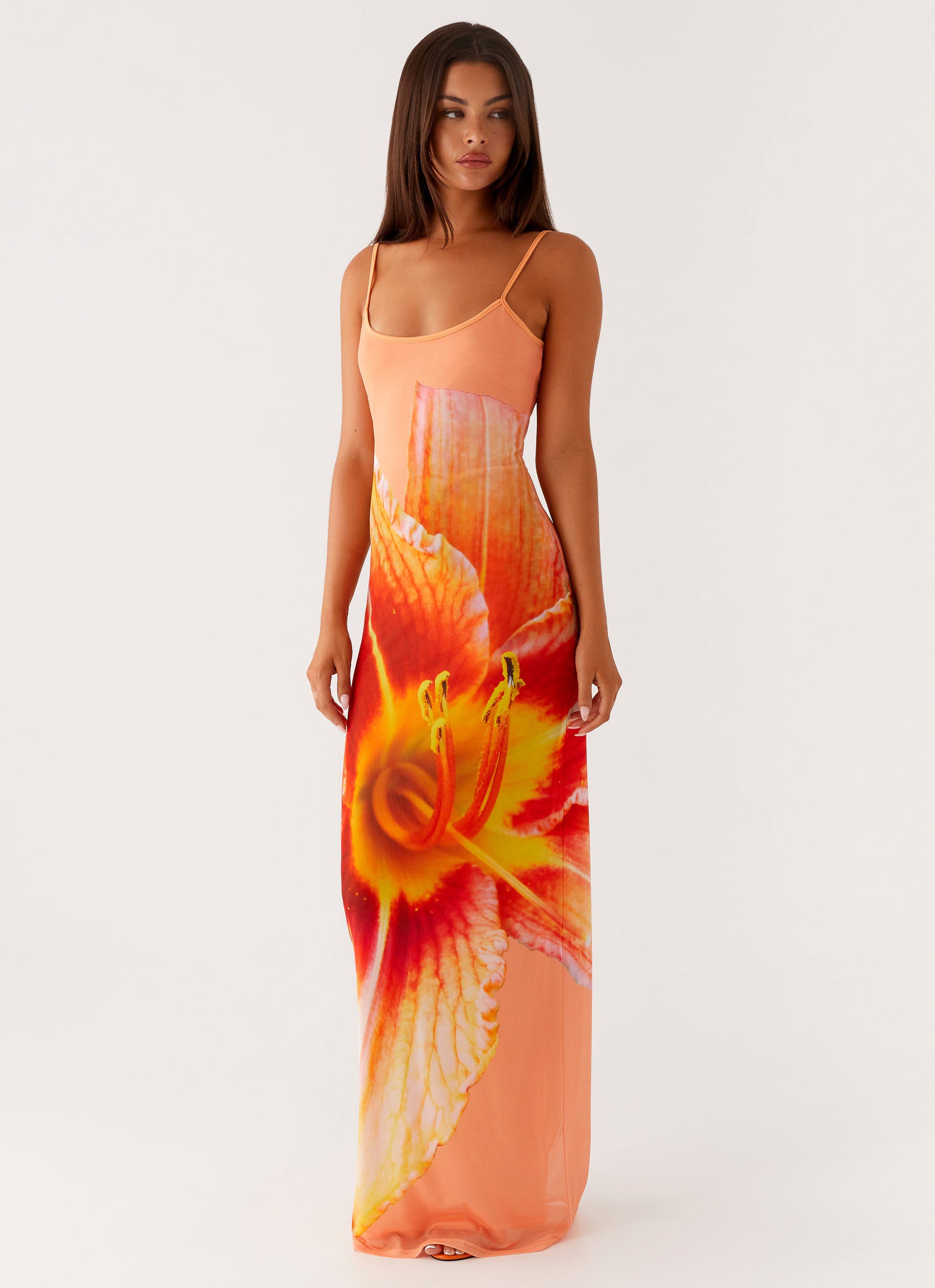 Bad News Mesh Maxi Dress - Orange Floral