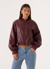 Canyon Faux Leather Bomber Jacket - Burgundy