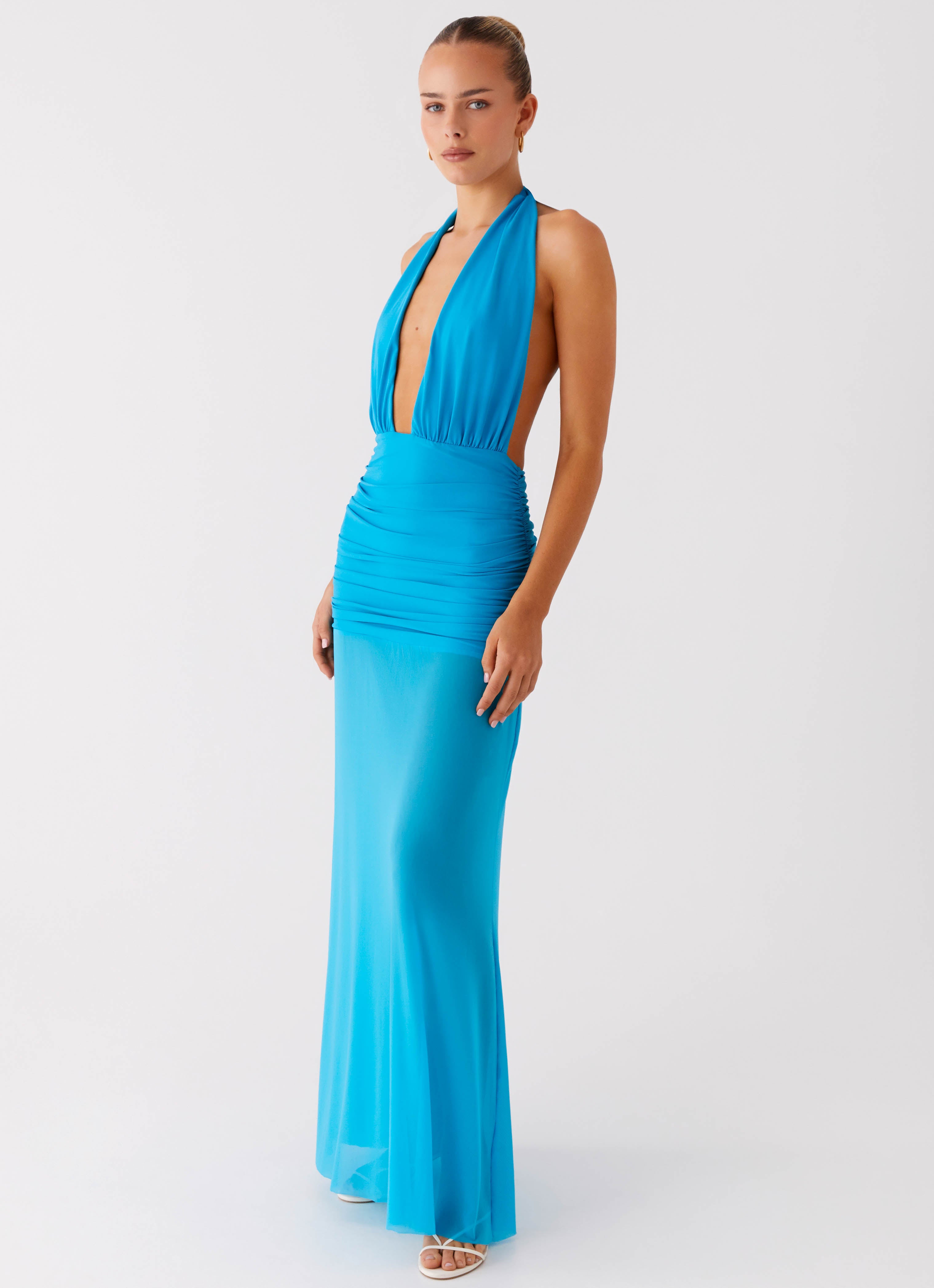 Dilemma Halter Maxi Dress - Turquoise Blue