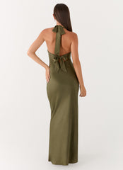 Heavy Hearted Satin Maxi Dress - Khaki