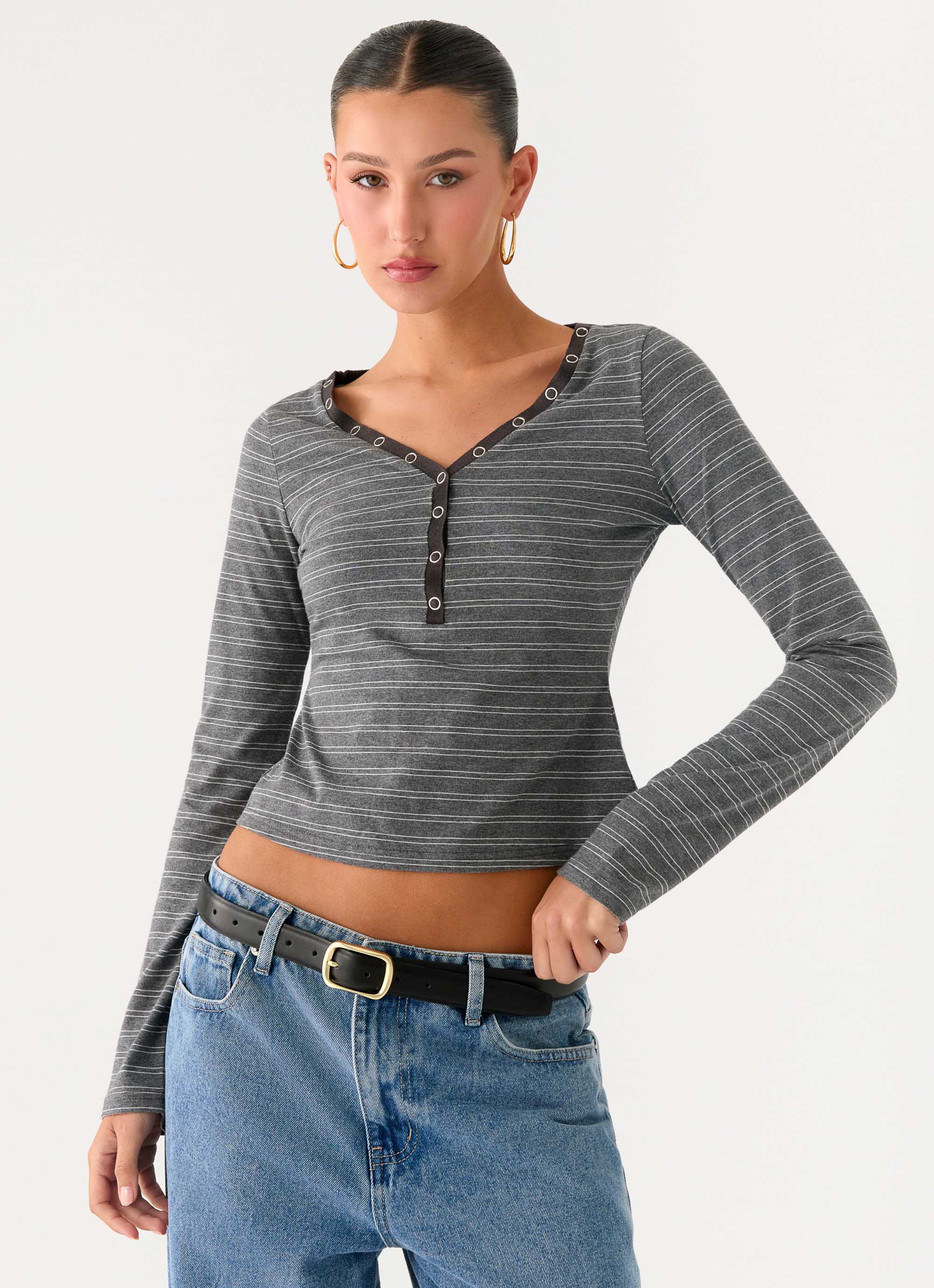 Kaytra Long Sleeve Top - Grey Marle Stripe