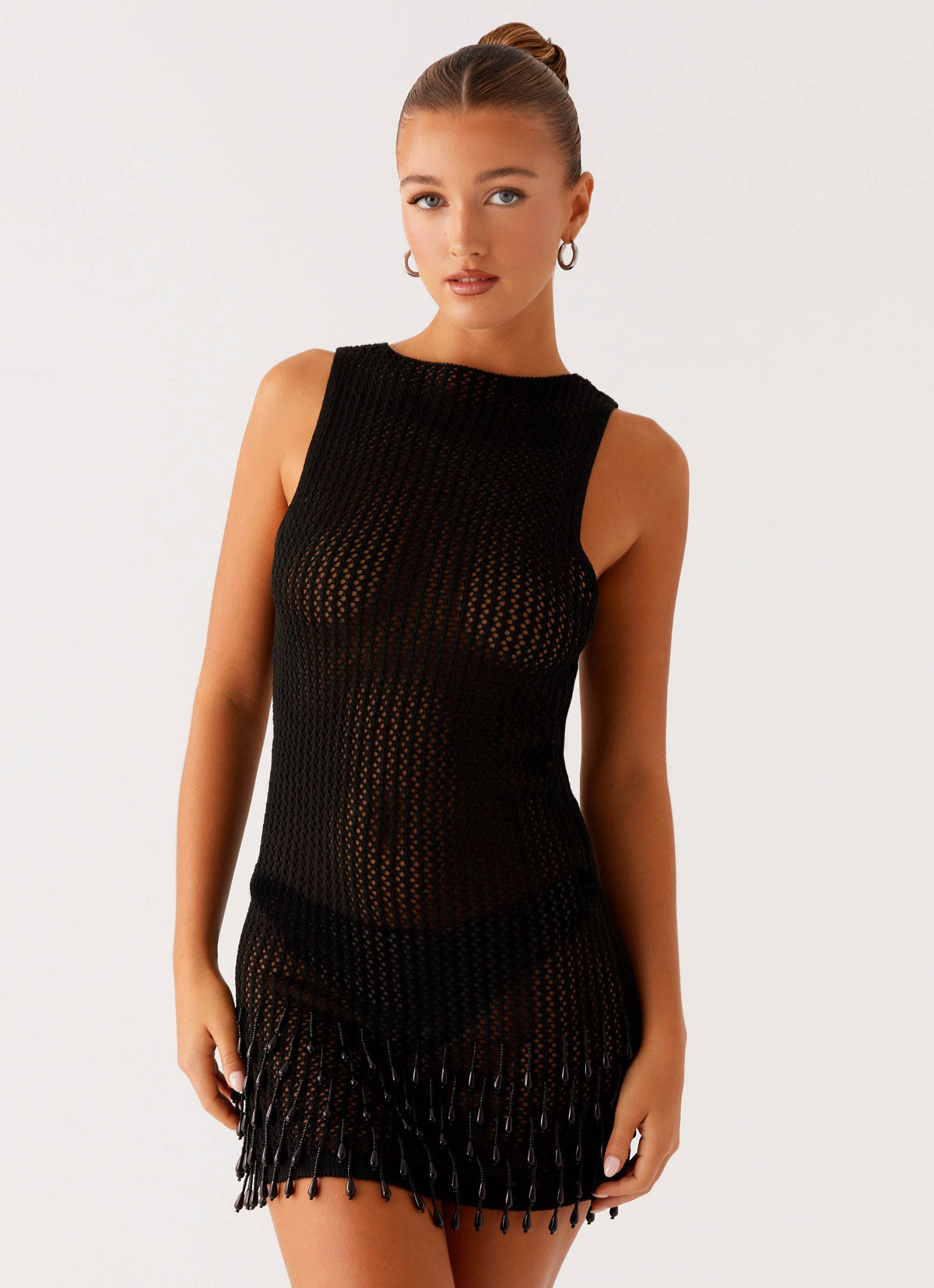 Miracle Beaded Crochet Mini Dress - Black