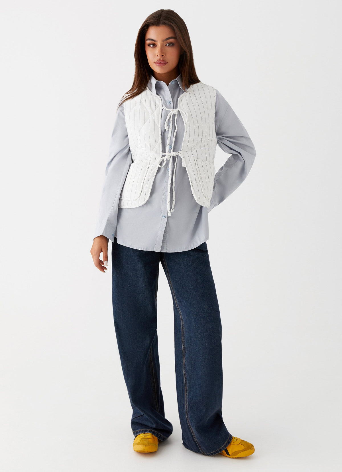 Celini Quilted Vest - White Pinstripe