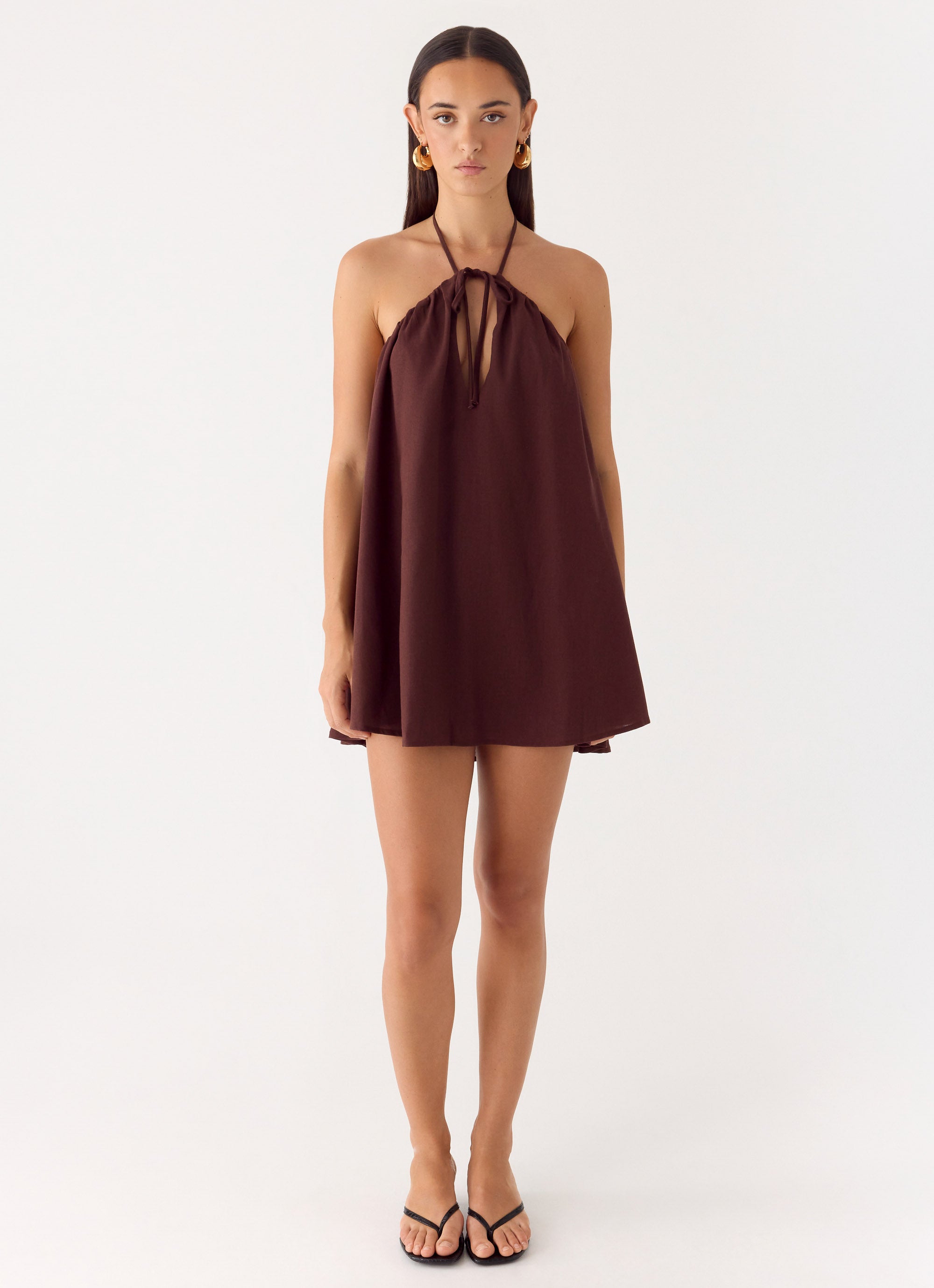 Soft Breeze Linen Mini Dress - Chocolate